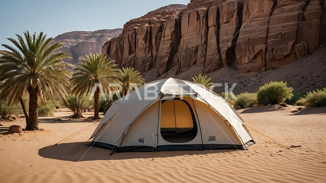 Spending enjoyable times camping in the deserts of the Kingdom of Saudi Arabia, a popular Bedouin tent in the middle of the desert, a youthful wilderness session under a palm tree, terrain and soft golden sand in broad daylight, tourist camps in wild areas.