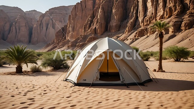  قضاء أوقات ممتعة بالتخييم في صحاري المملكة العربية السعودية , خيمة بدوية شعبية وسط الصحراء، جلسة بر شبابية تحت شجرة نخيل، التضاريس والرمال الذهبية الناعمة في وضح النهار، مخيمات سياحية في المناطق البرية