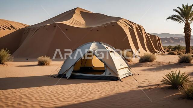  قضاء أوقات ممتعة بالتخييم في صحاري المملكة العربية السعودية , خيمة بدوية شعبية وسط الصحراء، جلسة بر شبابية تحت شجرة نخيل، التضاريس والرمال الذهبية الناعمة في وضح النهار، مخيمات سياحية في المناطق البرية