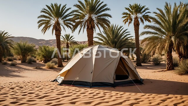  قضاء أوقات ممتعة بالتخييم في صحاري المملكة العربية السعودية , خيمة بدوية شعبية وسط الصحراء، جلسة بر شبابية تحت شجرة نخيل، التضاريس والرمال الذهبية الناعمة في وضح النهار، مخيمات سياحية في المناطق البرية