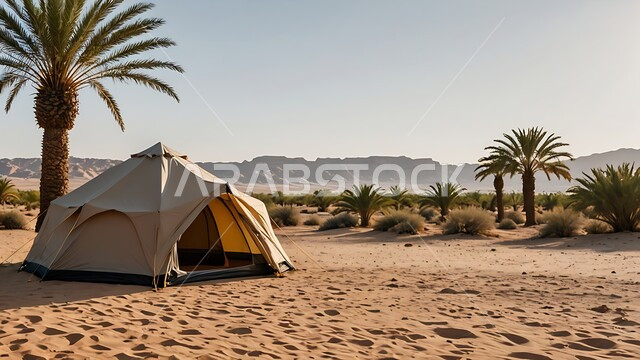 Spending enjoyable times camping in the deserts of the Kingdom of Saudi Arabia, a popular Bedouin tent in the middle of the desert, a youthful wilderness session under a palm tree, terrain and soft golden sand in broad daylight, tourist camps in wild areas.