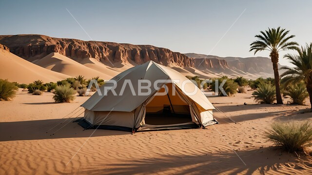 Spending enjoyable times camping in the deserts of the Kingdom of Saudi Arabia, a popular Bedouin tent in the middle of the desert, a youthful wilderness session under a palm tree, terrain and soft golden sand in broad daylight, tourist camps in wild areas.
