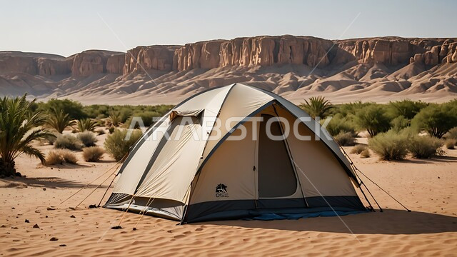  التضاريس والرمال الذهبية الناعمة في وضح النهار ، قضاء أوقات ممتعة بالتخييم في صحاري المملكة العربية السعودية , خيمة بدوية شعبية وسط الصحراء ، جلسة بر شبابية تحت شجرة نخيل ،  مخيمات سياحية في المناطق البرية
