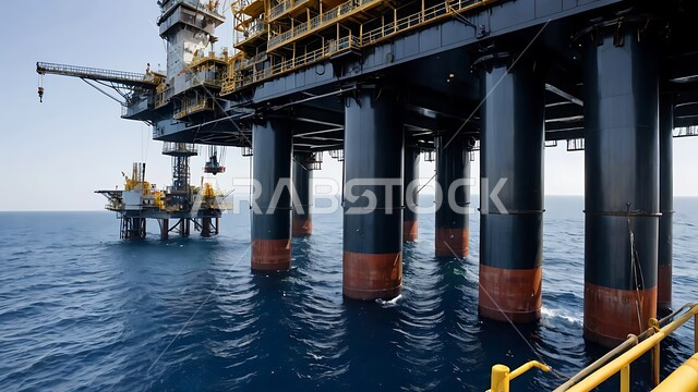 جودة أدوات ومعدات استخراج البترول، بيع وتصدير الثروات الباطنية، استنباط النفط والزيوت،  منصفة نفط تقوم بالتنقيب وسط بحر المملكة العربية السعودية، جودة الأدوات والمعدات لصناعة وتخزين البترول،آلات حفر ضخمة 