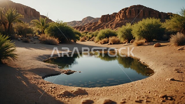البيئة الصحراوية والطبيعة الجبلية في السعودية, المناطق السياحية الهادئة, انعكاس صورة أشجار النخيل والغيوم على المياه الصافية, الاستمتاع بالمناظر الطبيعية في إحدى واحات المملكة, خلفية السماء المليئة بالسحب البيضاء