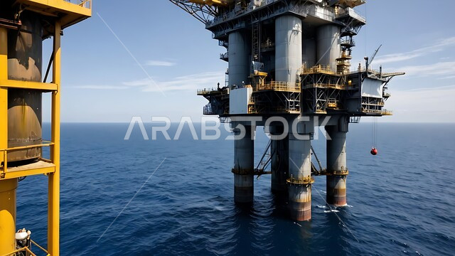 جودة أدوات ومعدات استخراج البترول، بيع وتصدير الثروات الباطنية، استنباط النفط والزيوت،  منصفة نفط تقوم بالتنقيب وسط بحر المملكة العربية السعودية، جودة الأدوات والمعدات لصناعة وتخزين البترول،آلات حفر ضخمة 