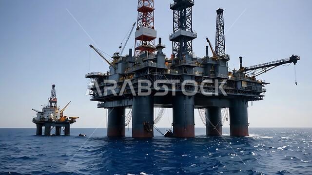 جودة أدوات ومعدات استخراج البترول، بيع وتصدير الثروات الباطنية، استنباط النفط والزيوت،  منصفة نفط تقوم بالتنقيب وسط بحر المملكة العربية السعودية، جودة الأدوات والمعدات لصناعة وتخزين البترول،آلات حفر ضخمة 