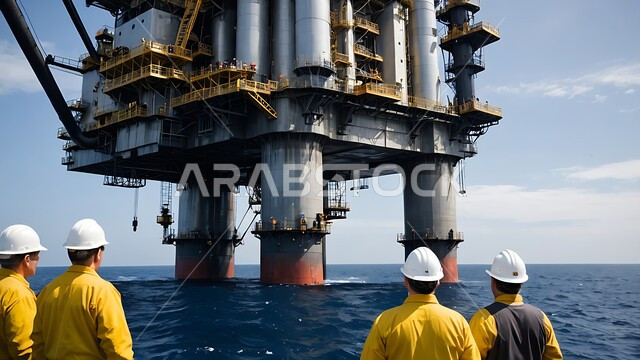 Oil platform for oil extraction, Saudi Arabian Gulf engineers supervising exploration for underground resources in the Kingdom of Saudi Arabia, Drilling rig for oil exploration in the middle of the sea, Huge drilling machines, Quality of tools and equipment for the oil industry and storage
