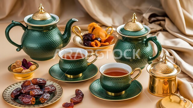 توارث العادات والتقاليد الأصيلة في الضيافة عبر الأجيال, تقديم المشروبات الساخنة للزوار, حسن استقبال الضيف وإكرامه, دلة قهوة عربية مع عدة فناجين, حبات التمر السكرية اللذيذة, البن العربي الخليجي الفاخر, ضيافات الأعياد والمناسبات الإسلامية