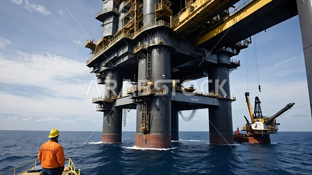 Saudi Arabian Gulf engineer prospecting for underground resources in Saudi Arabia, extracting and exporting underground resources, oil refinery for extracting oils, drilling rig prospecting for oil in the middle of the sea with ships and boats, huge drilling machines, quality of tools and equipment for the petroleum industry and storage