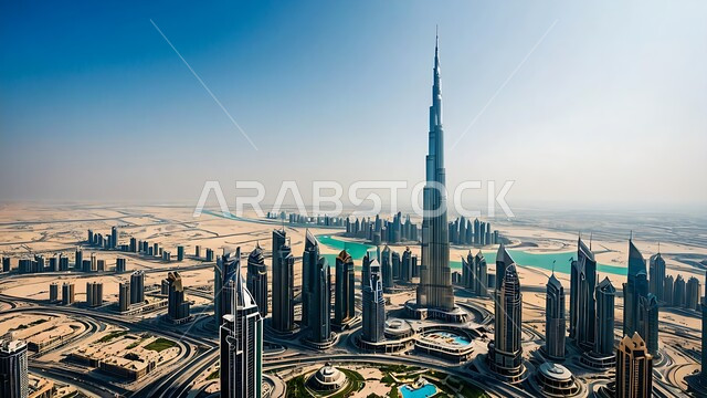 Future imaginary view of Dubai, towers and skyscrapers overlooking the sea in Dubai, modern architecture, aerial view of buildings and hotels in the Emirates, the concept of development and urban progress