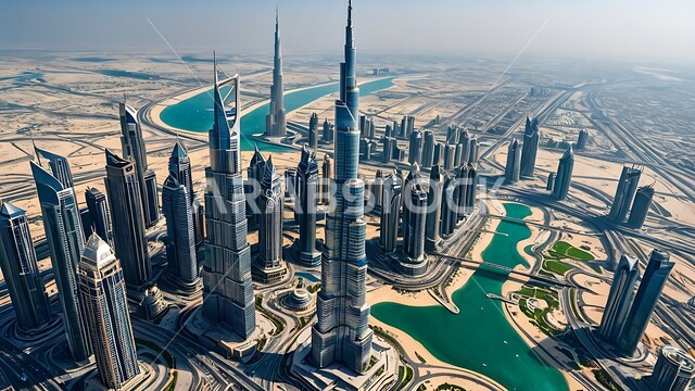Future imaginary view of Dubai, towers and skyscrapers overlooking the sea in Dubai, modern architecture, aerial view of buildings and hotels in the Emirates, the concept of development and urban progress