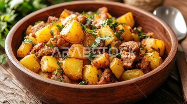 وجبة غذائية عالية القيمة، وصفات أكلات ومقبلات لذيذة، طبق من البطاطس المسلوقة المتبلة بالليمون والزيت والأعشاب الطبيعية، تقديم وتحضير الوجبات والوجبات السريعة، منتجات وطنية محلية.