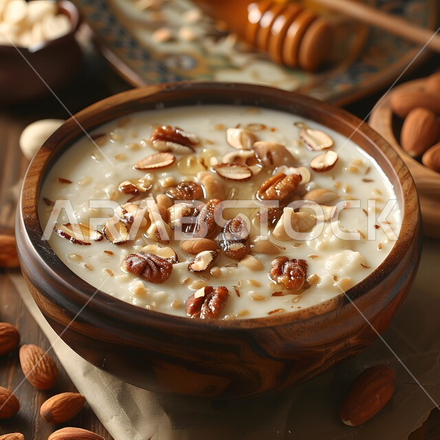 طبق من الحبوب بالحليب والعسل المزين بالمكسرات المحمصة، منتجات محلية وطنية، مأكولات غنية بالسكريات والسعرات الحرارية، أطباق الفطور المغذية والمفيدة، فنون التقديم في مطاعم المملكة العربية السعودية