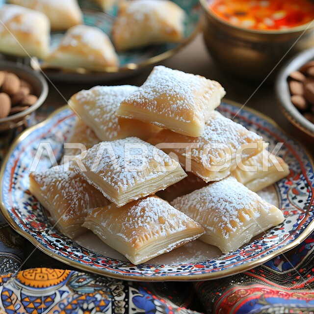 إتقان مهارة إعداد المخبوزات والمعجنات في مطابخ المملكة، طبق من الفطائر الصحية المخبوزة الشهية، فن تقديم الأطباق في مطاعم السعودية، قطع من فطيرة الحلا الساخنة المزينة بالسكر الناعم المرشوش، وصفات البرك بالحشوات اللذيذة، وجبات فطور مغذية ومشبعة