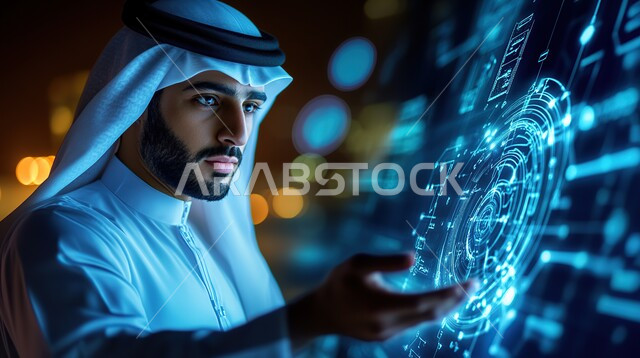استخدام التقنيات الالكترونية الحديثه، صورة مقربة لرجل عربي خليجي سعودي يرتدي الثوب التقليدي يقوم بلمس أيقونات ورموز هولوجرامية مضيئة على الشاشات الالكترونية، مفهوم النمو والتقدم التكنولوجي في المملكة العربية السعودية