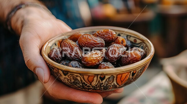 ضيافة رمضانية شهية، أنواع المختلفة من التمور الصحية اللذيذة، حصاد النخيل في مزارع المملكة، صورة مقربة لصحن من التمر، منتجات محلية سعودية وطنية، وجبة غذائية صحية ذات أهمية عاليه