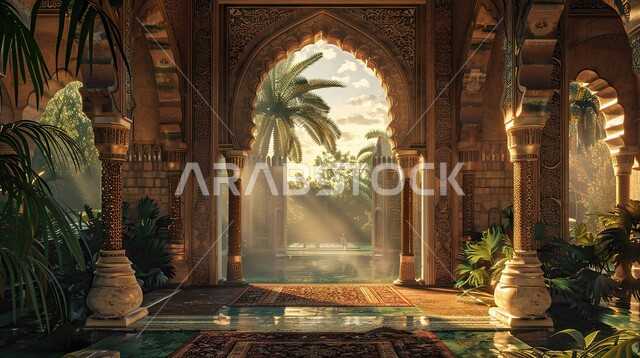 الاهتمام بزراعة ورعاية النباتات الخضراء،مفهوم الهدوء والاسترخاء، باحة منزل بطراز تقليدي قديم، الفن الهندسي المعماري المعقد للأقواس التراثية، تجسيد أجواء الاماكن العريقة في السعودية، فناء بيت تراثي بتفاصيل الزخرفة الجبسيه، أرضية مزخرفة برسوم المانديلا الهندسية