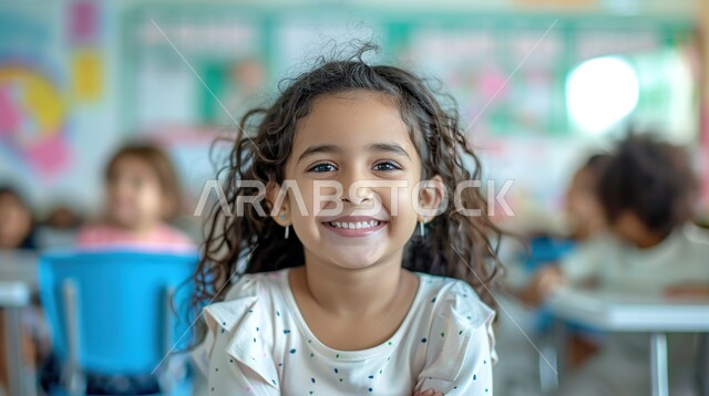 طالبة مجتهدة تتابع دروسها داخل الفصل الدراسي، العودة الى المدرسة، التعليم في مدارس المملكة العربية السعودية، صورة مقربة لفتاة عربية خليجية سعودية مبتسمة تجلس على طاولة الدراسة تقوم بمراجعة الدروس وحل الواجبات، المستلزمات والكتب المدرسية