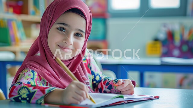طالبة مجتهدة تتابع دروسها داخل الفصل الدراسي، العودة الى المدرسة، التعليم في مدارس المملكة العربية السعودية، صورة مقربة لفتاة عربية خليجية سعودية مبتسمة تجلس على طاولة الدراسة تقوم بمراجعة الدروس وحل الواجبات، المستلزمات والكتب المدرسية