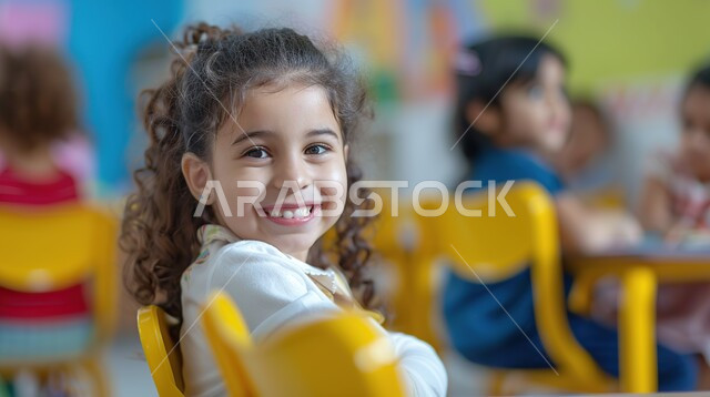 طالبة مجتهدة تتابع دروسها داخل الفصل الدراسي، العودة الى المدرسة، التعليم في مدارس المملكة العربية السعودية، صورة مقربة لفتاة عربية خليجية سعودية مبتسمة تجلس على طاولة الدراسة تقوم بمراجعة الدروس وحل الواجبات، المستلزمات والكتب المدرسية