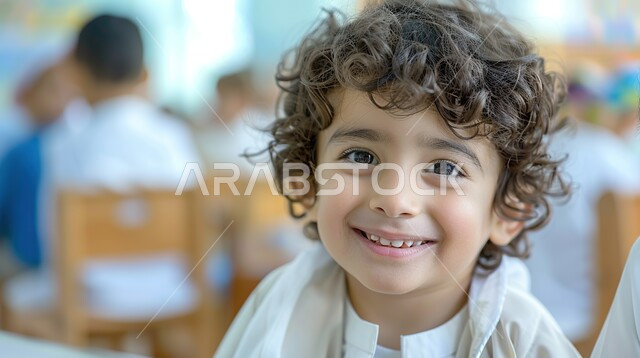 تلقي المعلومات داخل الفصل الدراسي، صورة مقربة لطالب عربي خليجي سعودي يرتدي الثوب التقليدي يجلس على المقعد الدراسي، تنمية المهارات الثقافية والفكرية، التربية والتعليم بالمناهج المقررة للطلاب في المملكة العربية السعودية