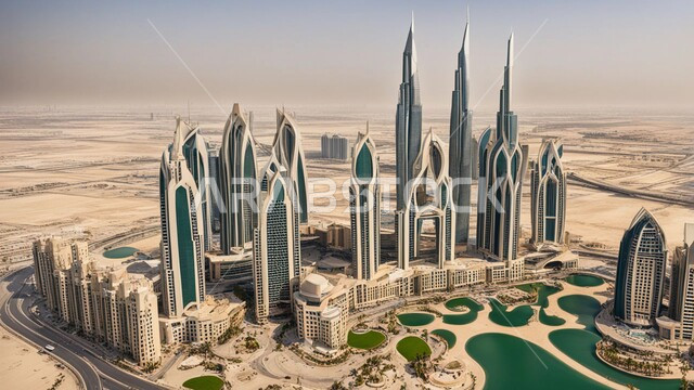 مفهوم تطوير وتحسين البنية التحتية، منظر تخيلي للتقدم والنمو العمراني، التصاميم والفنون المعمارية الحديثة للأبراج وناطحات السحاب في الامارات العربية المتحدة، بناء مستقبل حضاري متطور في دبي، المباني والمنشآت التجارية الشاهقة