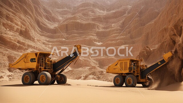 أماكن مناجم الفحم الطبيعي، مناطق التنقيب عن الثروات الباطنية، الطبيعة الصخرية وتضاريس السلاسل الجبلية، المرتفعات وقمم الجبال في المملكة العربية السعودية، سيارة شحن كبيرة تقوم بالعمل في موقع التعدين، التخلص من الأتربة والصخور ونقلها بعيدا