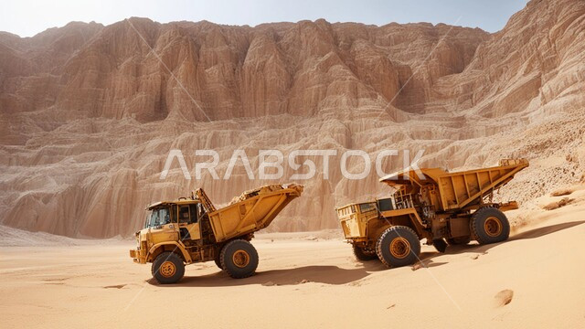 أماكن مناجم الفحم الطبيعي، مناطق التنقيب عن الثروات الباطنية، الطبيعة الصخرية وتضاريس السلاسل الجبلية، المرتفعات وقمم الجبال في المملكة العربية السعودية، سيارة شحن كبيرة تقوم بالعمل في موقع التعدين، التخلص من الأتربة والصخور ونقلها بعيدا