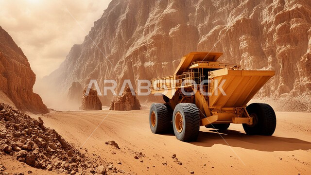 أماكن مناجم الفحم الطبيعي، مناطق التنقيب عن الثروات الباطنية، الطبيعة الصخرية وتضاريس السلاسل الجبلية، المرتفعات وقمم الجبال في المملكة العربية السعودية، سيارة شحن كبيرة تقوم بالعمل في موقع التعدين، التخلص من الأتربة والصخور ونقلها بعيدا