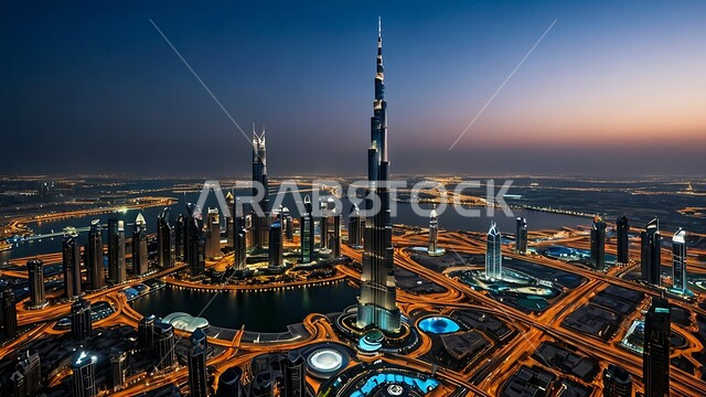 الفن الهندسي المعماري للأبراج وناطحات السحاب, منظر تخيلي مستقبلي للتقدم والنمو العمراني في الإمارات العربية المتحدة, بناء مدن ذكية ومستقبل حضاري ومتطور, المباني والمنشآت التجارية الشاهقة في مدينة دبي