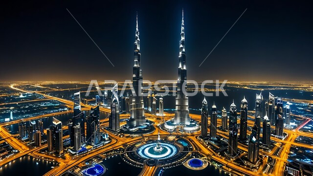 الفن الهندسي المعماري للأبراج وناطحات السحاب, منظر تخيلي مستقبلي للتقدم والنمو العمراني في الإمارات العربية المتحدة, بناء مدن ذكية ومستقبل حضاري ومتطور, المباني والمنشآت التجارية الشاهقة في مدينة دبي