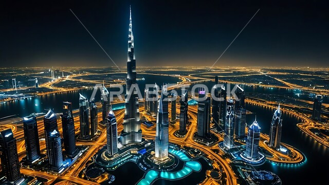 الفن الهندسي المعماري للأبراج وناطحات السحاب, منظر تخيلي مستقبلي للتقدم والنمو العمراني في الإمارات العربية المتحدة, بناء مدن ذكية ومستقبل حضاري ومتطور, المباني والمنشآت التجارية الشاهقة في مدينة دبي