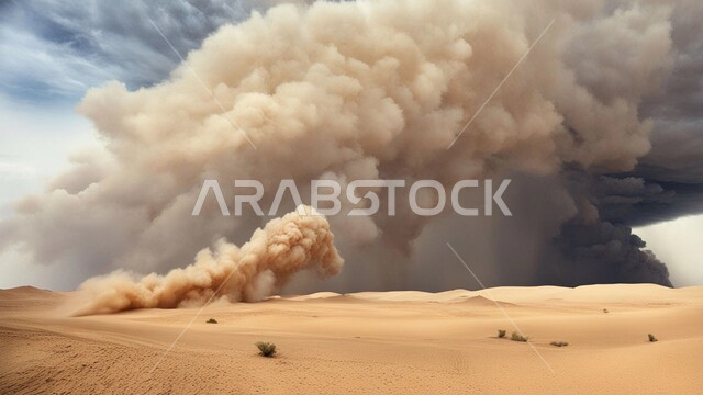 الزوابع الغبارية القوية، العاصفة الرملية في الصحراء, رياح ترابية في المناطق الصحراوية, الكثبان والرمال الذهبية الناعمة، التشكيلات والتكوينات الرملية في المملكة العربية السعودية, منظر السماء الممتلئة بالغيوم الداكنة