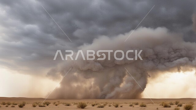الزوابع الغبارية القوية، العاصفة الرملية في الصحراء, رياح ترابية في المناطق الصحراوية, الكثبان والرمال الذهبية الناعمة، التشكيلات والتكوينات الرملية في المملكة العربية السعودية, منظر السماء الممتلئة بالغيوم الداكنة