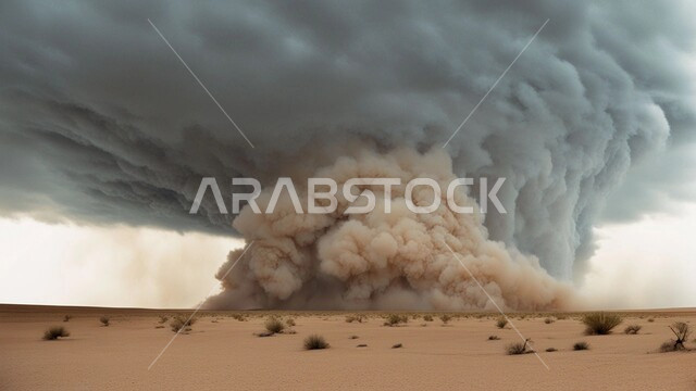Strong dust storms, sandstorm in the desert, dust winds in desert areas, dunes and soft golden sand, sand formations and formations in Saudi Arabia, view of the sky filled with dark clouds