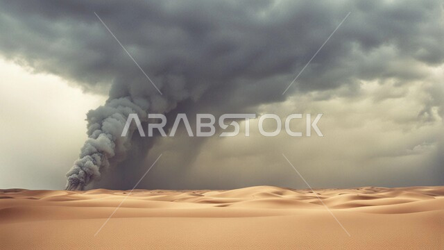 الزوابع الغبارية القوية، العاصفة الرملية في الصحراء, رياح ترابية في المناطق الصحراوية, الكثبان والرمال الذهبية الناعمة، التشكيلات والتكوينات الرملية في المملكة العربية السعودية, منظر السماء الممتلئة بالغيوم الداكنة