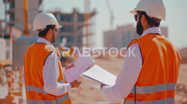 الوقوف في موقع الإنشاء, الحوار والنقاش حول مشروع البناء, صورة مقربه من الخلف لمقاول ومهندس عربيين سعوديين خليجيين يرتديان الخوذه وستره الحمايه يمسكان مخطط الرسومات الإنشائيه, التدقيق ومتابعه سير المشاريع المعماريه, العمل في المجال الهندسي