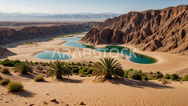 محاصيل ومنتجات زراعية محلية, بركة ماء وسط واحات ومزارع أشجار النخيل في الطبيعة الصحراوية, المحميات الطبيعية في المملكة العربية السعودية, الهضاب والتلال والكثبان الرملية الناعمة في الصحراء, مناطق رحلات السفاري الترفيهية