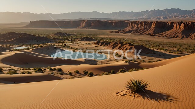 محاصيل ومنتجات زراعية محلية, بركة ماء وسط واحات ومزارع أشجار النخيل في الطبيعة الصحراوية, المحميات الطبيعية في المملكة العربية السعودية, الهضاب والتلال والكثبان الرملية الناعمة في الصحراء, مناطق رحلات السفاري الترفيهية