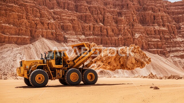 أماكن مناجم الفحم الطبيعي، مناطق التنقيب عن الثروات الباطنية، الطبيعة الصخرية وتضاريس السلاسل الجبلية، المرتفعات وقمم الجبال في المملكة العربية السعودية، سيارة شحن كبيرة تقوم بالعمل في موقع التعدين، التخلص من الأتربة والصخور ونقلها بعيدا