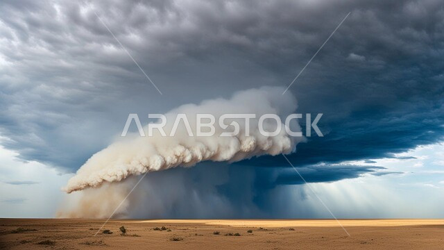 رياح ترابية في المناطق الصحراوية, الكثبان والرمال الذهبية الناعمة، التشكيلات والتكوينات الرملية في المملكة العربية السعودية, منظر السماء الممتلئة بالغيوم الداكنة, الزوابع الغبارية القوية، العاصفة الرملية في الصحراء