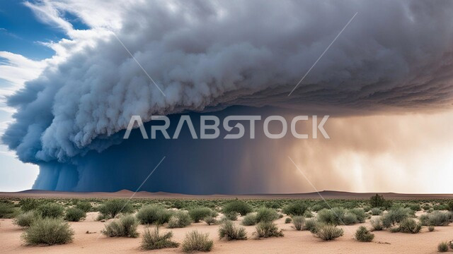  العاصفة الرملية في الصحراء, النباتات البرية على الرمال الناعمة والاراضي الواسعة, رياح ترابية في المناطق الصحراوية, التشكيلات والتكوينات الرملية في المملكة العربية السعودية, منظر السماء الممتلئة بالغيوم الداكنة, الزوابع الغبارية القوية