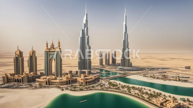 بناء مستقبل حضاري متطور في دبي، المباني والمنشآت التجارية الشاهقة، مفهوم تطوير وتحسين البنية التحتية، منظر تخيلي للتقدم والنمو العمراني، التصاميم والفنون المعمارية الحديثة للأبراج وناطحات السحاب في الامارات العربية المتحدة