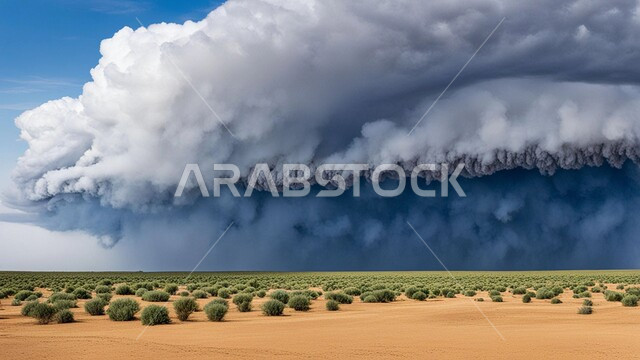 النباتات البرية على الرمال الناعمة والاراضي الواسعة, رياح ترابية في المناطق الصحراوية, التشكيلات والتكوينات الرملية في المملكة العربية السعودية, منظر السماء الممتلئة بالغيوم الداكنة, الزوابع الغبارية القوية، العاصفة الرملية في الصحراء