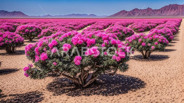 Enjoying the scenery in the desert environment, fragrant roses and flowers, pink flowers blooming on the soft golden sand, colorful plants growing in the deserts of Saudi Arabia
