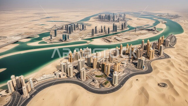 منظر تخيلي للتقدم والنمو العمراني، التصاميم والفنون المعمارية الحديثة للأبراج وناطحات السحاب في الامارات العربية المتحدة، بناء مستقبل حضاري متطور في دبي، المباني والمنشآت التجارية الشاهقة المطلة على البحر، مفهوم تطوير وتحسين البنية التحتية