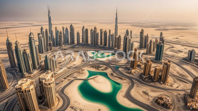 Building a developed civilized future in Dubai, tall commercial buildings and facilities overlooking the sea, the concept of developing and improving infrastructure, an imaginary view of urban progress and growth, modern architectural designs and arts of towers and skyscrapers in the United Arab Emirates