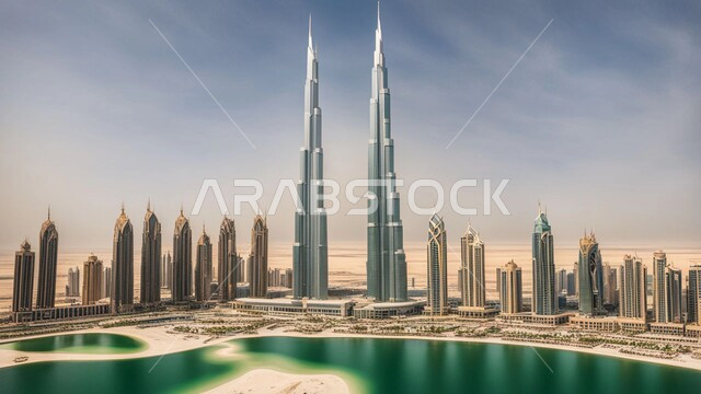 مفهوم تطوير وتحسين البنية التحتية، منظر تخيلي للتقدم والنمو العمراني، التصاميم والفنون المعمارية الحديثة للأبراج وناطحات السحاب في الامارات العربية المتحدة، بناء مستقبل حضاري متطور في دبي، المباني والمنشآت التجارية الشاهقة المطلة على البحر