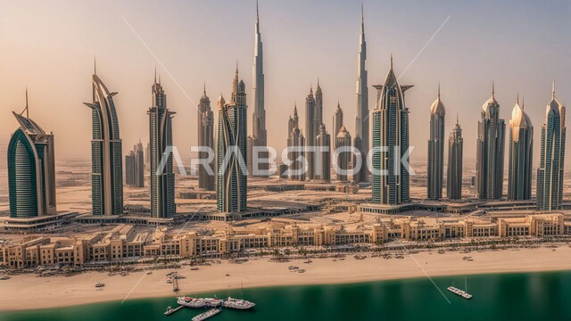 منظر تخيلي للتقدم والنمو العمراني، التصاميم والفنون المعمارية الحديثة للأبراج وناطحات السحاب في الامارات العربية المتحدة، بناء مستقبل حضاري متطور في دبي، المباني والمنشآت التجارية الشاهقة المطلة على البحر، مفهوم تطوير وتحسين البنية التحتية